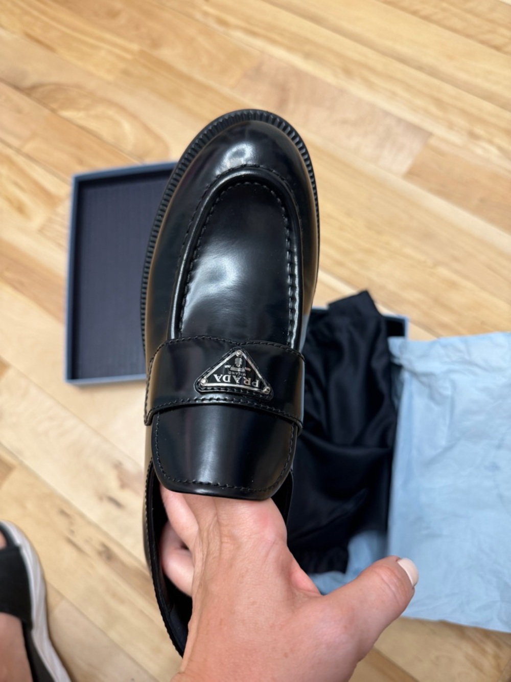 Prada Black Leather Logo Penny Loafers - Picture 4 of 5